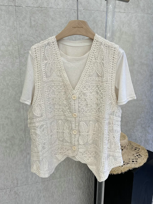 

Gentle Wind Knitted Cotton T-Shirt Two-Piece Set Women's Fashionable Short Sleeve round Neck Plant Floral Embroidery Top