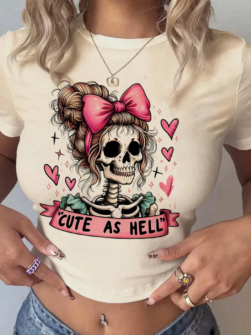 2025 Star Love Heart Skull Print  Cropped Crew Neck Short Sleeve Crop Top T Shirt Women's Print Shirt  T-shirt Sexy