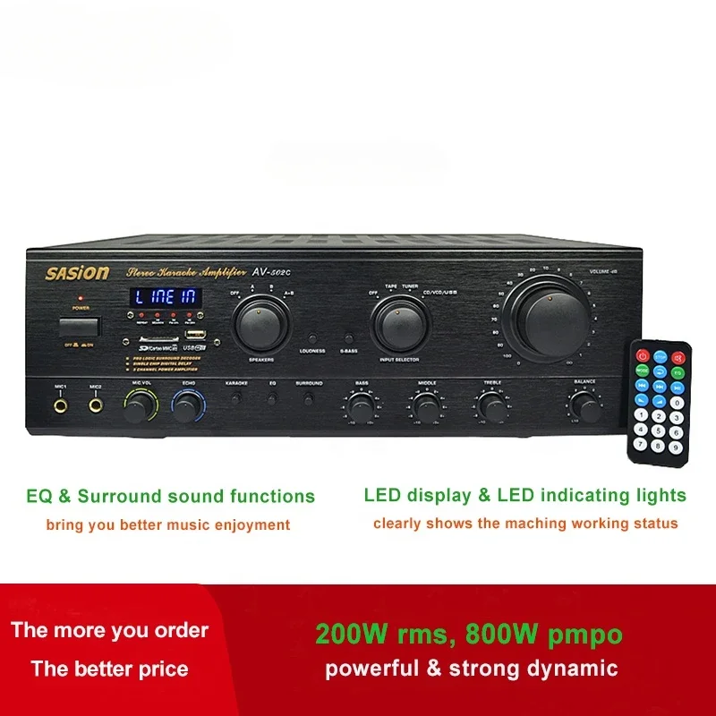 EQ/Surround Sound Mic Echo Digital Stereo Karaoke Amplifier  Support BT/USB/SD/MMC/CD/VCD/TAPE/TUNER & LED Display.