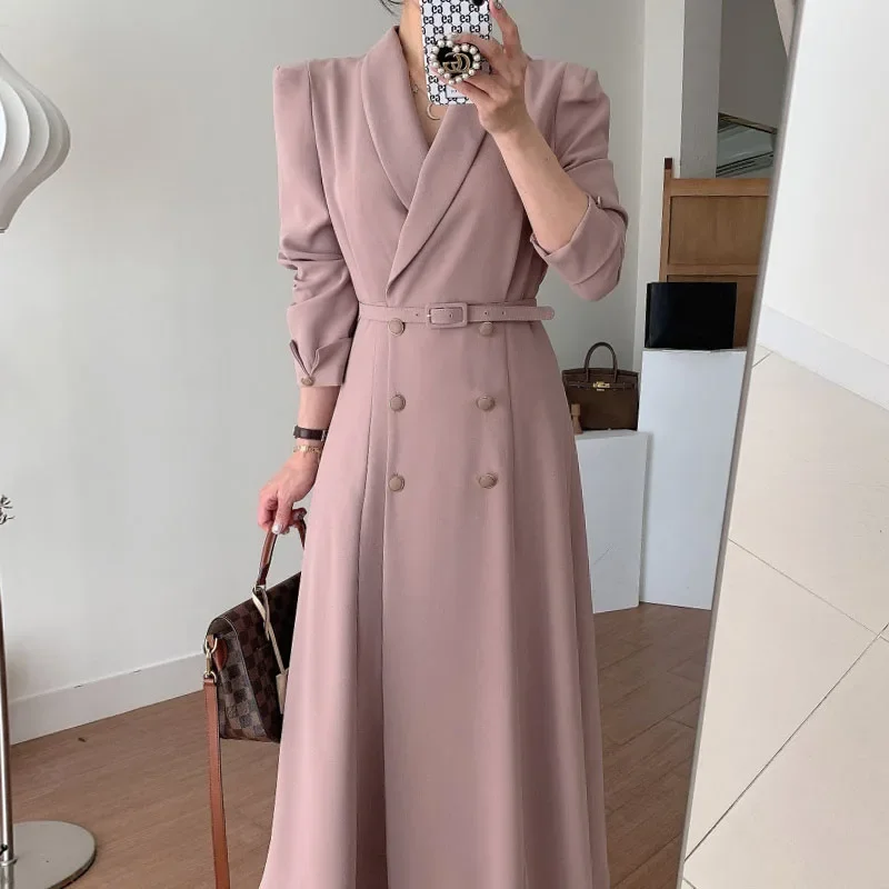 French Elegant Suit Collar Women Dresses Double-breasted Strap Waist Solid Vestidos 2024 Koraen Chic Long Coat Dress Femael