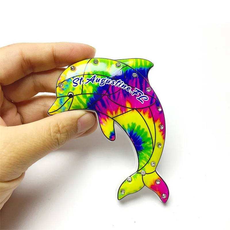 

USA St. Augustine FL Tie-Dye Dolphin Rhinestone 3D Resin Fridge Magnets Imanes Nevera Aimants Frigo Cute Home Decor