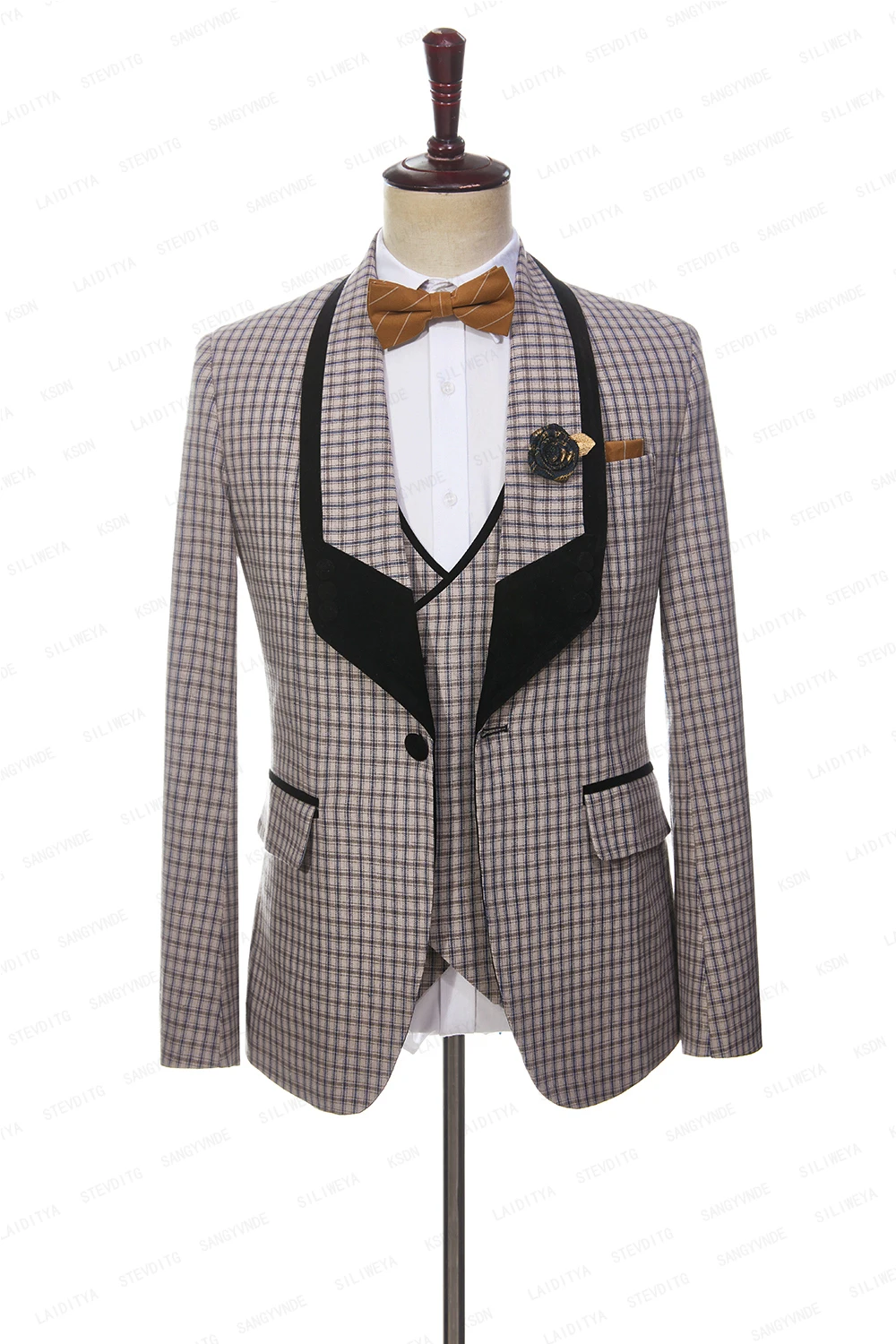 2023 Latest Formal Fashion Men Linen Suits Khaki Reto Classic Plaid Black Lapel Groom Wedding Tuxedo 3 Pcs Set Jacket Vest Pants