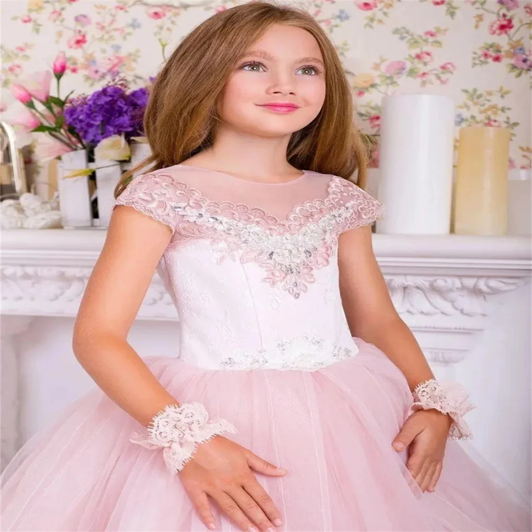 Vestido de niña de flores blanco y rosa personalizado, apliques florales de tul sin mangas para boda, fiesta de cumpleaños, graduación, banquete, vestido de princesa