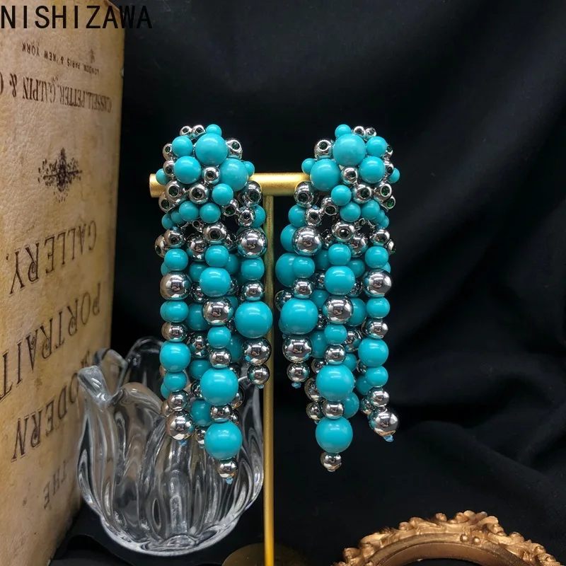 

NISHIZAWA Clip Earrings for Women Hyperbole Turquoise Tassels Vintage Jewelry Palace Style Elegant Fashion Pendientes Mujer