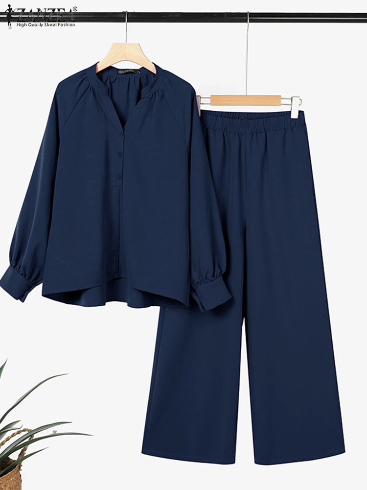 2025 ZANZEA Autumn Pant Sets Fashion 2PCS Long Sleeve Blouse Trousers Suits Women Solid Matching Sets Casual Work OL Tracksuits