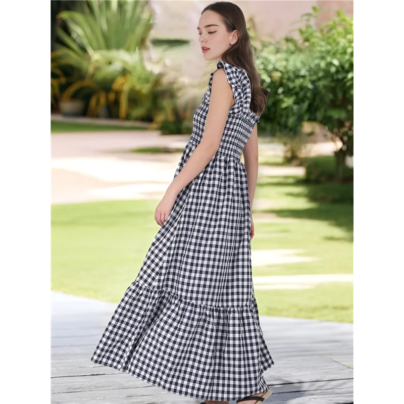 NEW-Women's Retro Plaid Smocked Dress Spaghetti Strap Flounce Long Dress