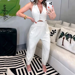 Wefads Women 2 Piece Set Summer Office Trendy Solid Sleeveless V Neck Lapel Halterneck Backless Button Top Pants Set Streetwear