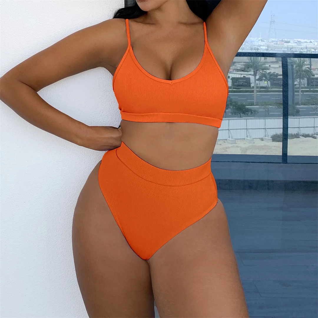 Neuer, gerippter, gepolsterter Bikini mit hoher Taille in 4 Farben, Damen-Badeanzug, zweiteiliges Bikini-Set, Badebekleidung, Badeanzug, Modell V3768. – Detail 11