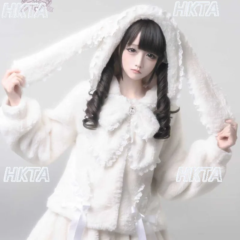 Original Japanese White Rabbit Ear Plush Soft Bud Fur Jacket Women Autumn and Winter New Luxury Lace Hooded Fur Coat Mini Skirt