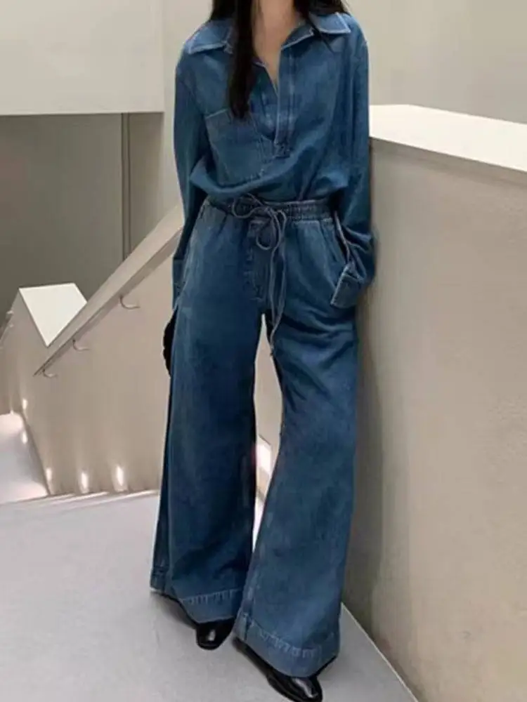 TRAFZA Women Blue Denim Blouse Pant Suit Long Sleeve Lapel Collar Shirt Drawstring Long Jeans Trousers Fashion Streetwear Sets