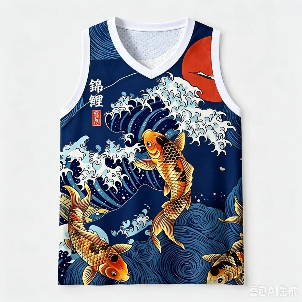 Koi Fish and Wave Ukiyo-e Pattern 3D Printed Men's V-neck Vest Trendy and Fashionable Outdoor Casual Breathable Quick-drying Top