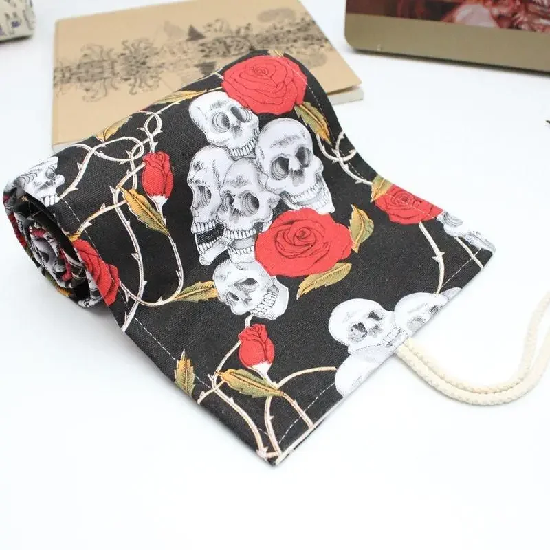 36/48/72 Holes Dark Skull Head Rose Flower Roll Pencil Bag