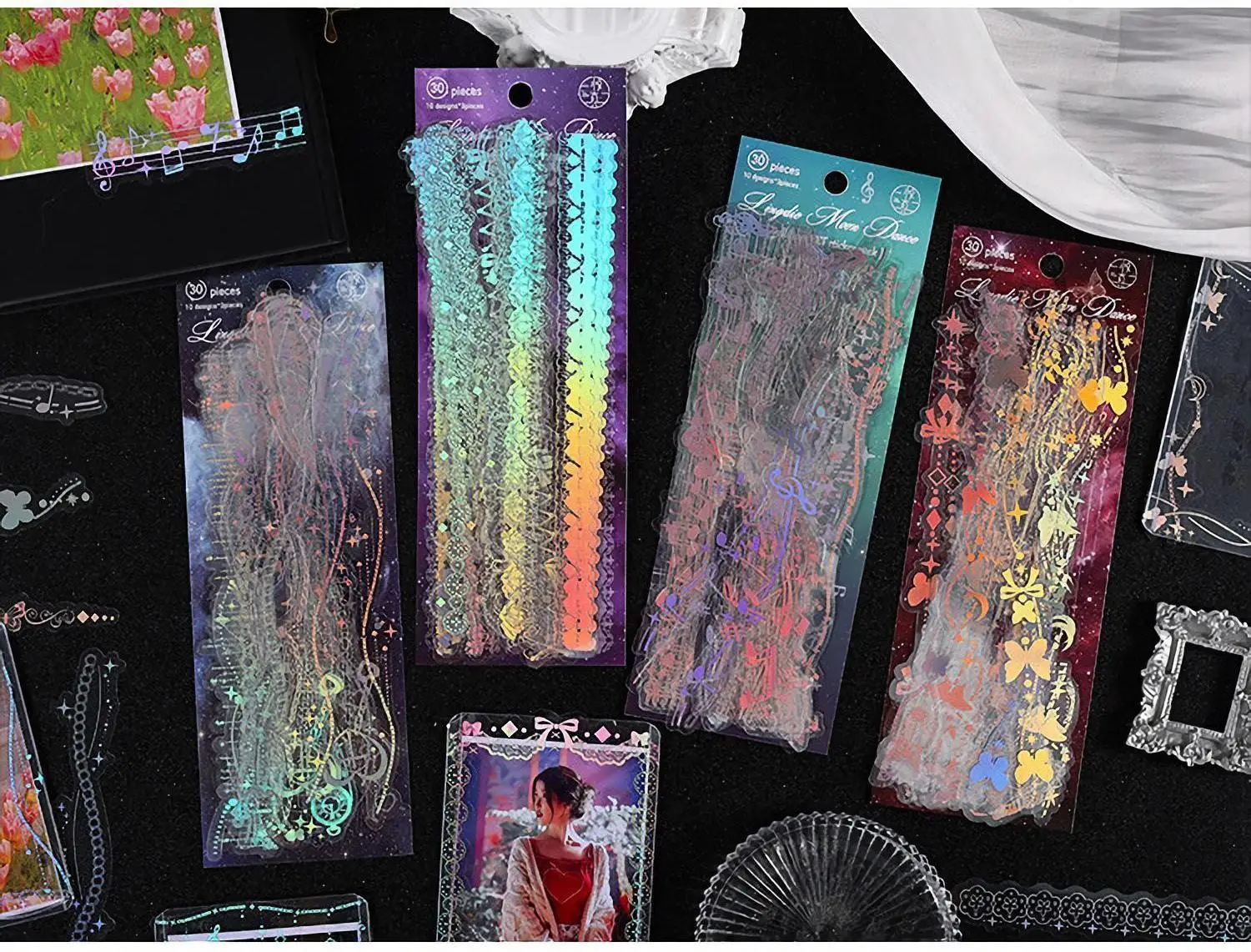 30 Sheets Korean Style Deco Sticker Pack - Cute & Stylish Holographic Foil Stamping Sticker for Kpop Toploader, Journals & More