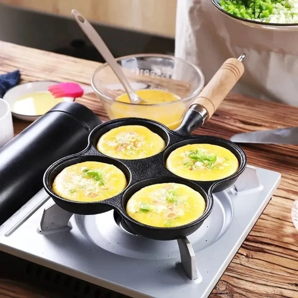 

High Quality 4-Hole Egg Pancake Maker Wooden Handle Cast Iron Nonstick Steak Frying Pan Non Stick Egg Burger Mold Kitchen