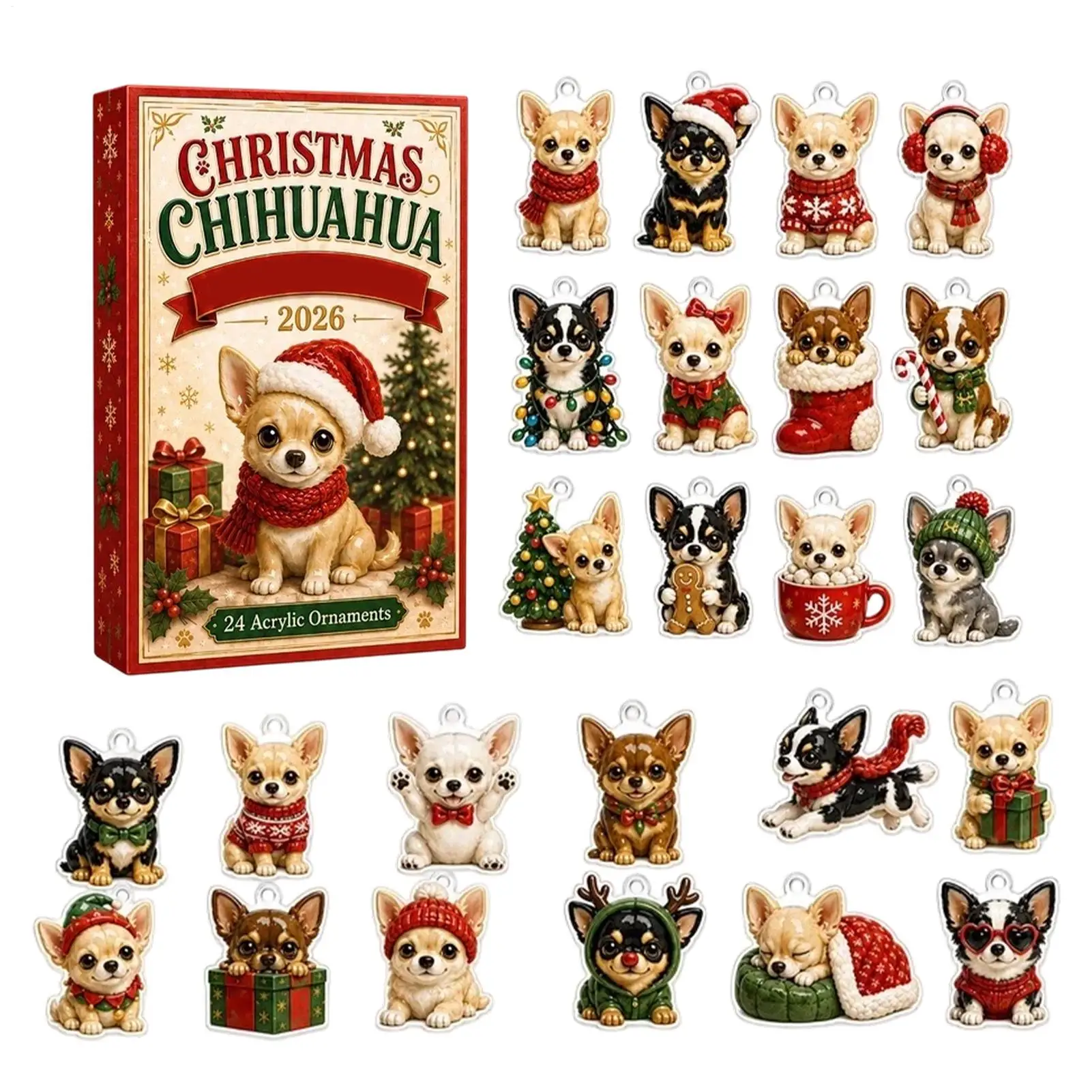 24 Days Chihuahua Advent Calendar with 2D Acrylic Dog Charms Christmas Countdown Ornament for Kids,Pet Lovers,Xmas Tree Decor