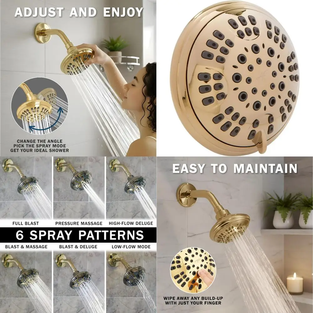

High-Pressure Wall-Mounted Luxury Shower Head, Adjustable 6-Function, 2.5 GPM, Polished Brass for Low-Flow Showers