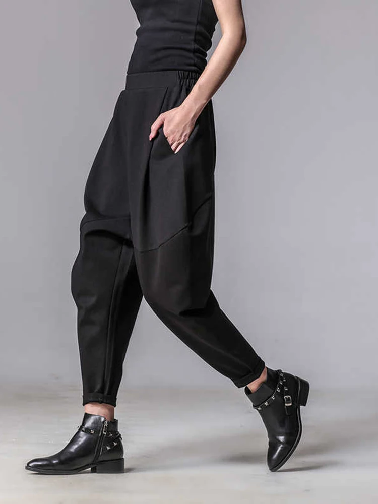 EAM 2026 New Autumn High Elastic Waist Loose Spliced Pleated Harem Pants Women Trousers Fashion Tide All-match JY916
