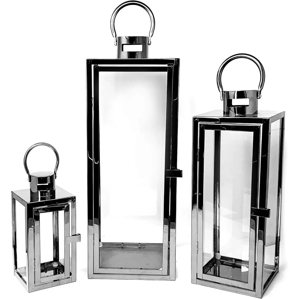 

Allgala 3-PC Lantern Set 23 Inch Jumbo Deluxe Modern Indoor/Outdoor Candle Lantern Set Stainless Steel Frame Tempered Glass Rect