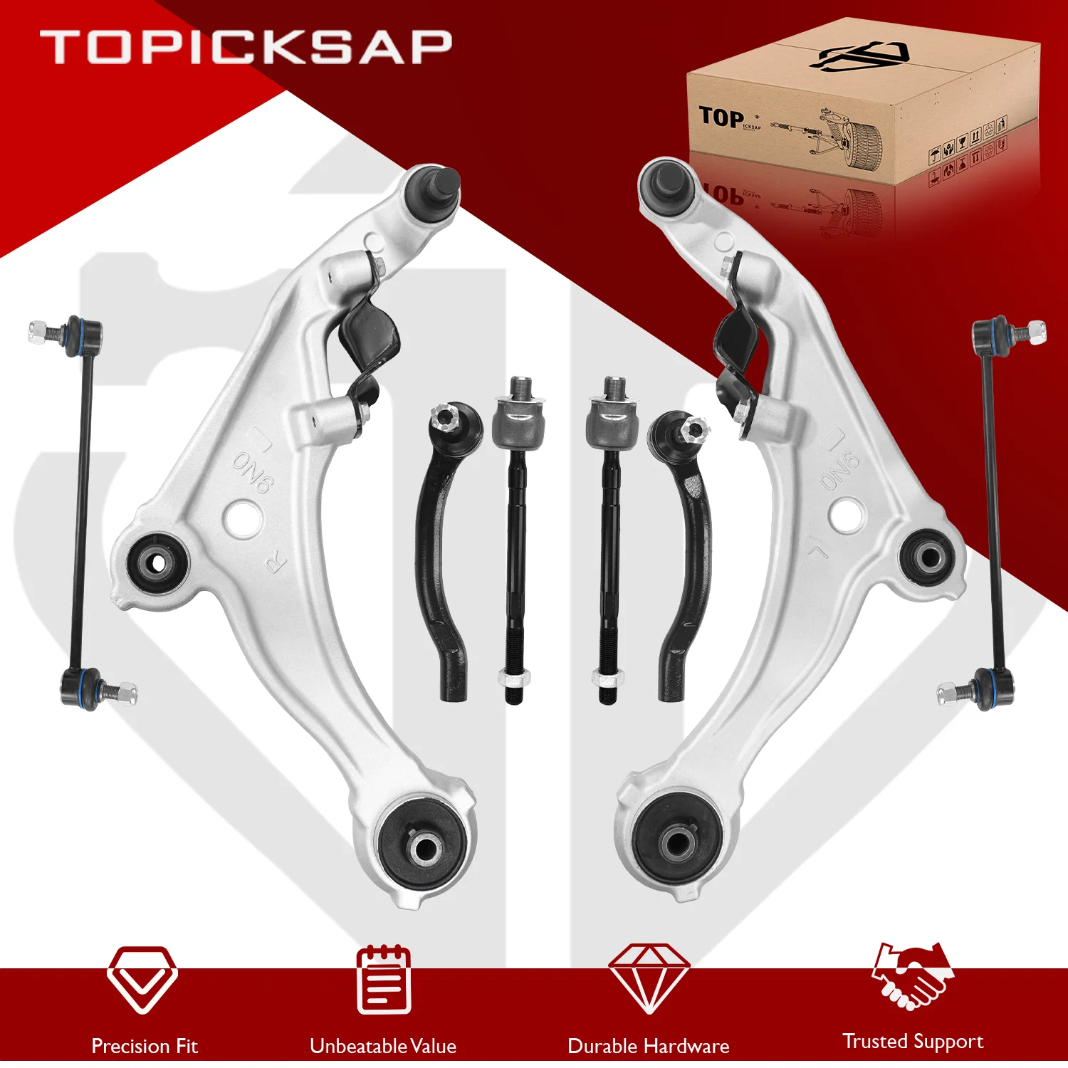 TOPICKSAP 8Pcs Front Lower Control Arm w/Ball Joint Tie Rod & Sway Bar Link Kit for Nissan Maxima 2009-2014 Suspension K622054
