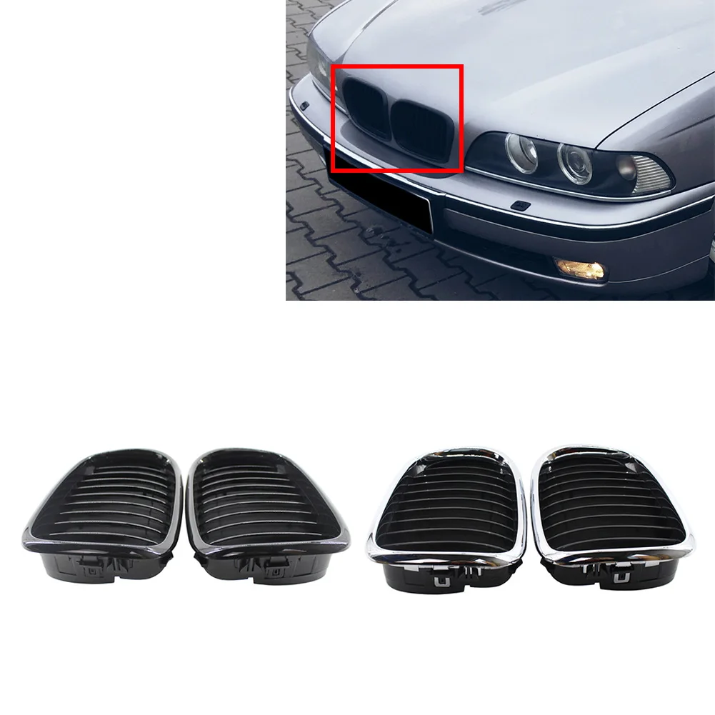 1 Pair Front Hood Kidney Grille Glossy Black Single Slat For BMW 5-Series E39 525/528/530/535/540/M5 1997-2003