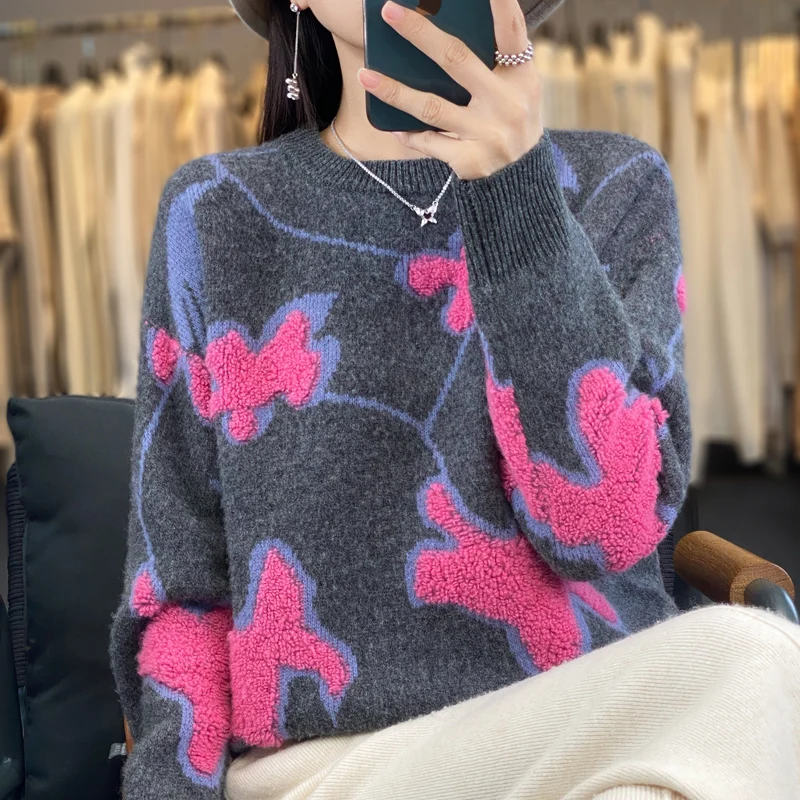 100% Pure Wool Sweater Crewneck Jacquard Female Flower Color Matching Sweater Loose Thickened Wool Pullover Knitted Top