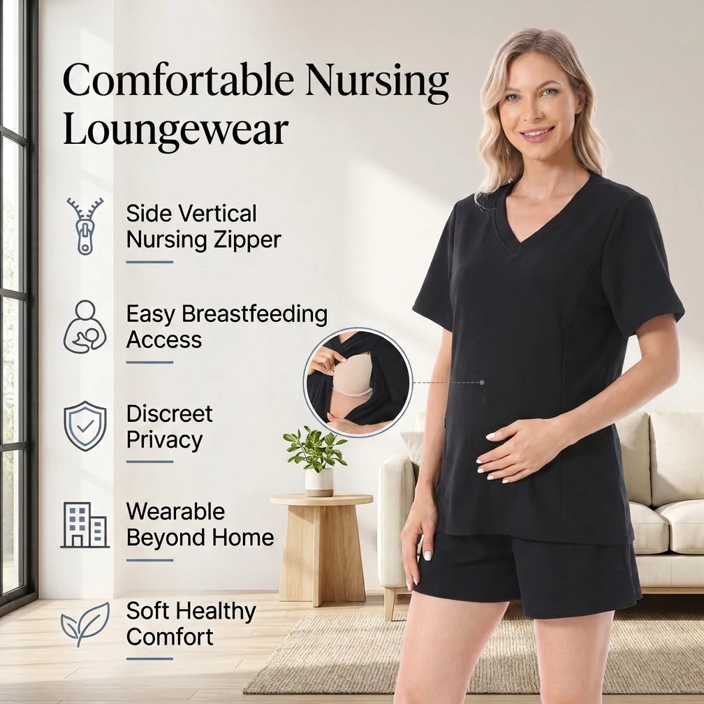 Waffle Knit Maternity Nursing Pajama Set Hidden Side Zipper Breastfeeding Loungewear Shorts