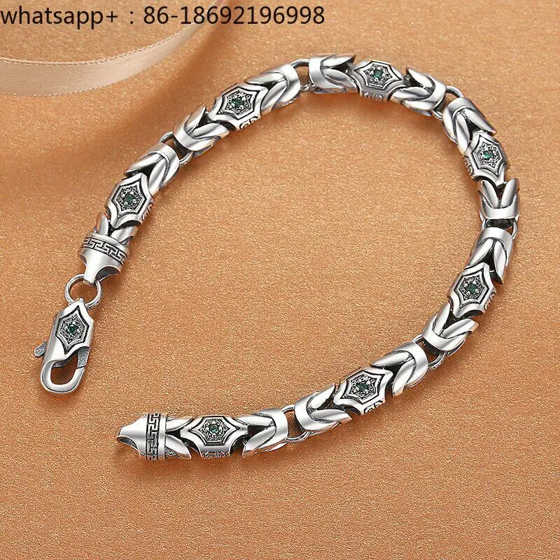 Men's Silver Bracelet Safety Pattern Retro Personality Trendy Men Hip Hop Ethnic Bluestone Jewelry