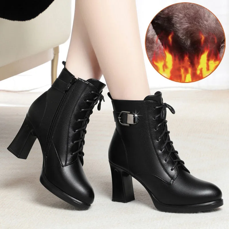 Women Mon Cotton Shoes Retro Lace Up Chunky High HeelsAnkle Boots Korean Version Black Warm Platform Short Boots Botas De Mujer