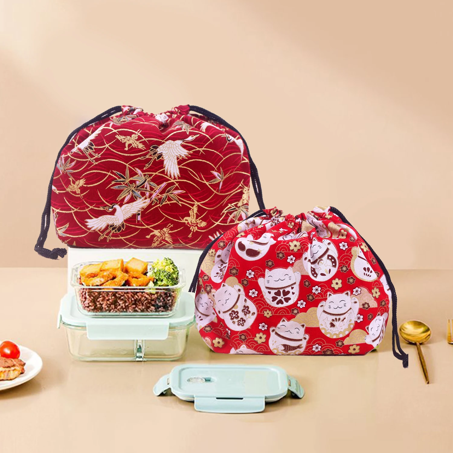 Japanese Cat Printing Drawstring Lunch Box Storage Bag For Travel Picnic Portable Easy Wash Bento Lunch Box Tote Pouch