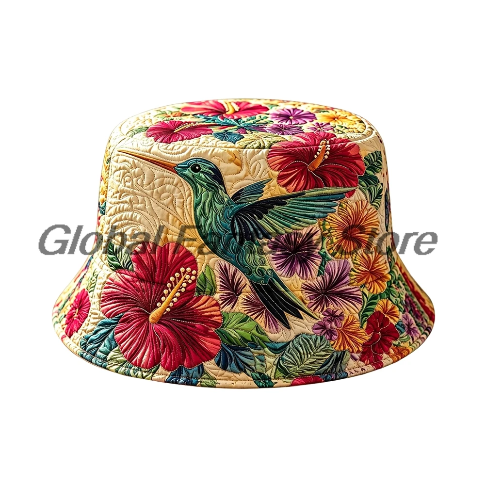Vintage Hummingbird Quilted Bucket Hat Boho Floral Print Fisherman Cap Men Women Outdoor Holiday Party Hats