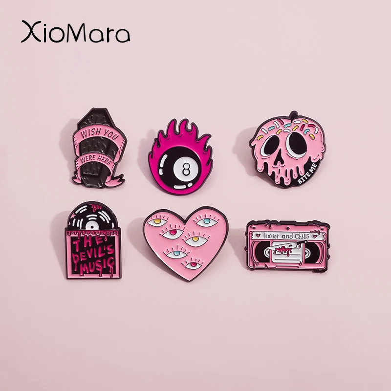 Pink Gothic Terror Radio Tape Enamel Pin The Devil's Music Chills Weird Eyeball Brooches Metal Punk Badge Halloween Pin Jewelry