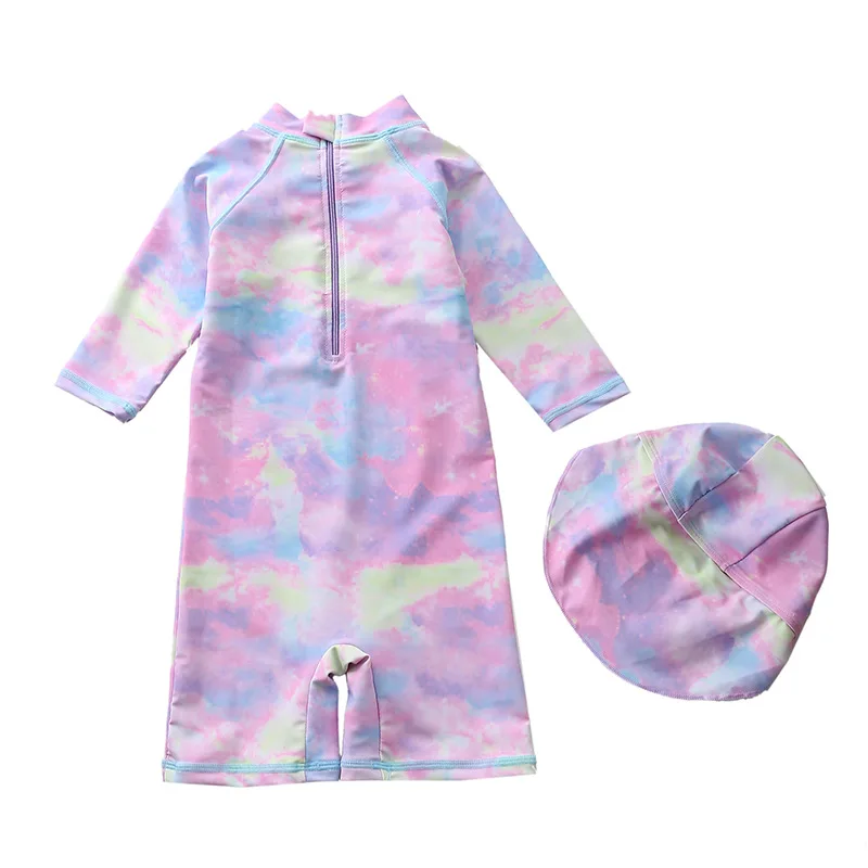 HappyFlute New One Piece Cute Style Long Sleeve With Sun Cap Unicorn Print Children Sunscreen& Quick Drying Swimsuit