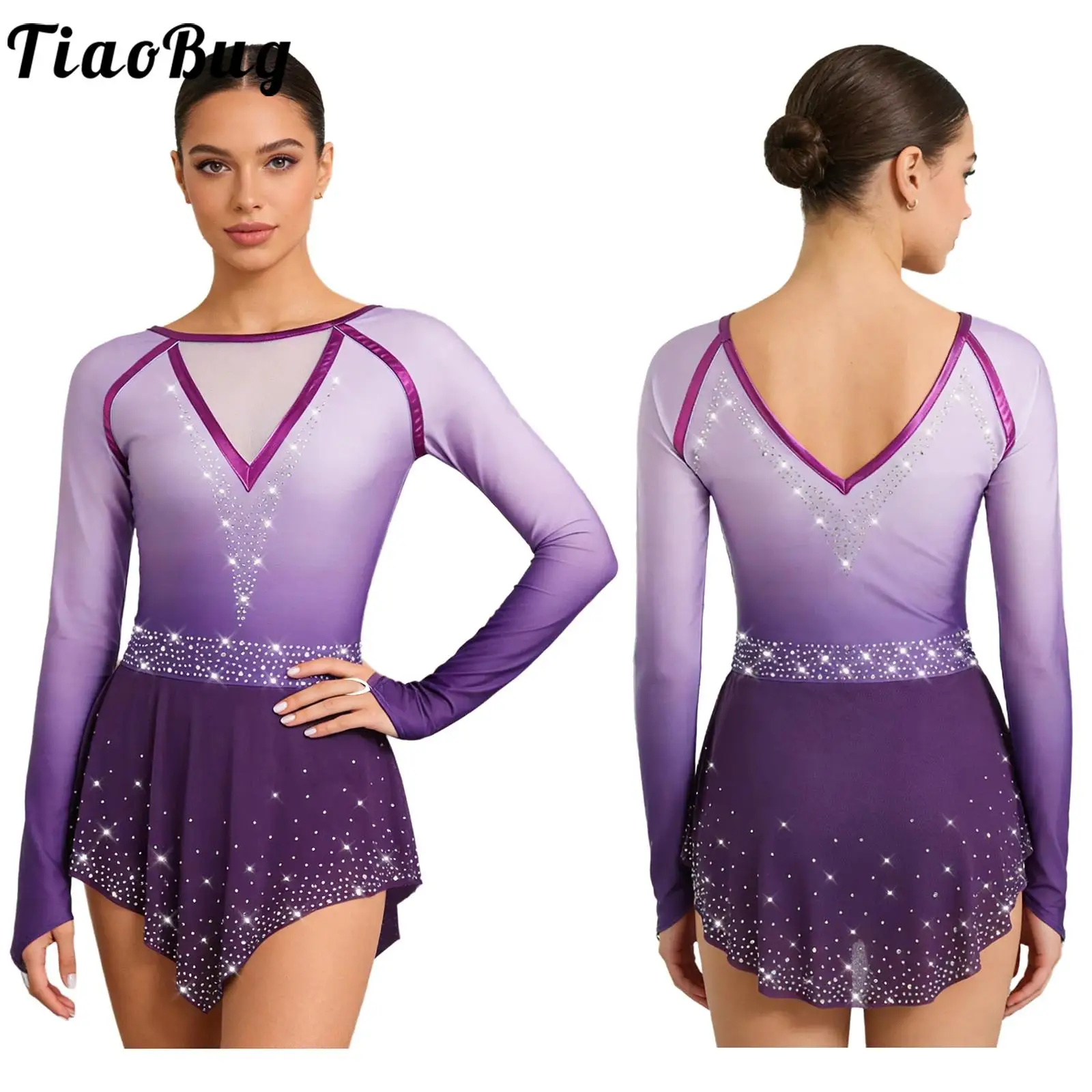 

Women Gradient Lyrical Skating Bodysuit Dress Rhinestones Long Sleeve Sheer Mesh Skirt Leotard Dress for Figure Skating Ballet