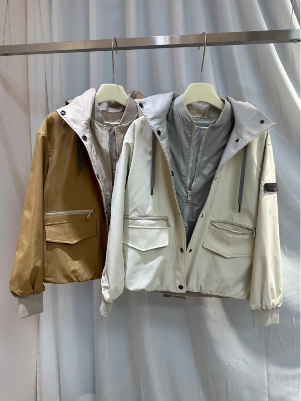 2024 Spring and Summer New B/C Hooded Jacket Coat Loose Casual Double Zip Clash of Colours Trench Coat Women