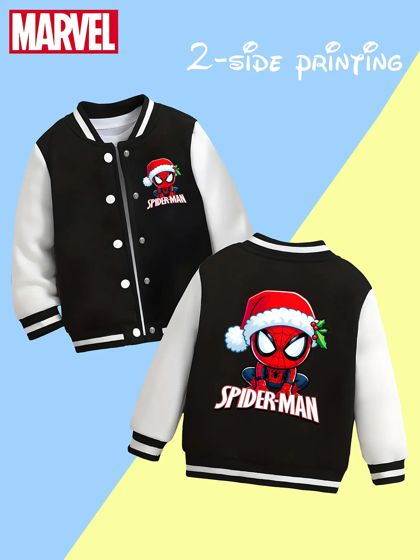 

MINISO Marvel Spider-Man Christmas Boys Baseball Jacket - Spider-Man wearing a Christmas hat cute print, double-sided and cute,