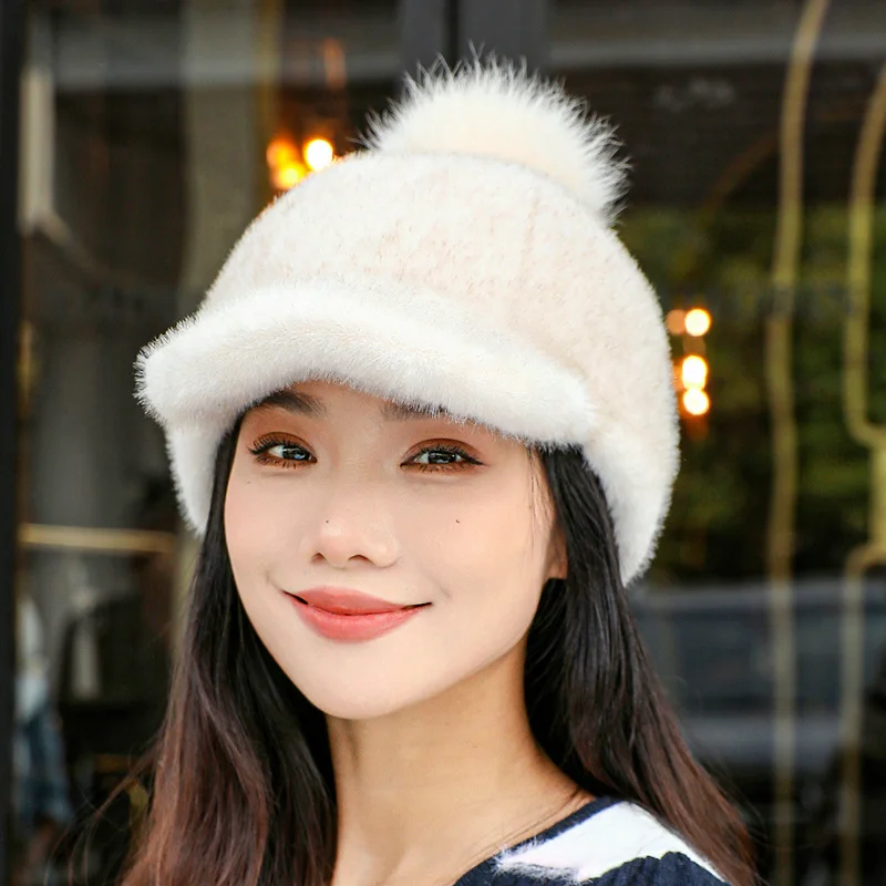 Y2k Fashion Mink Fur Hat Women's Winter Thick Warm Faux Mink Fur Cap Knight Hat Fur Duckbill Hat Baseball Cap Trendy Caps Women