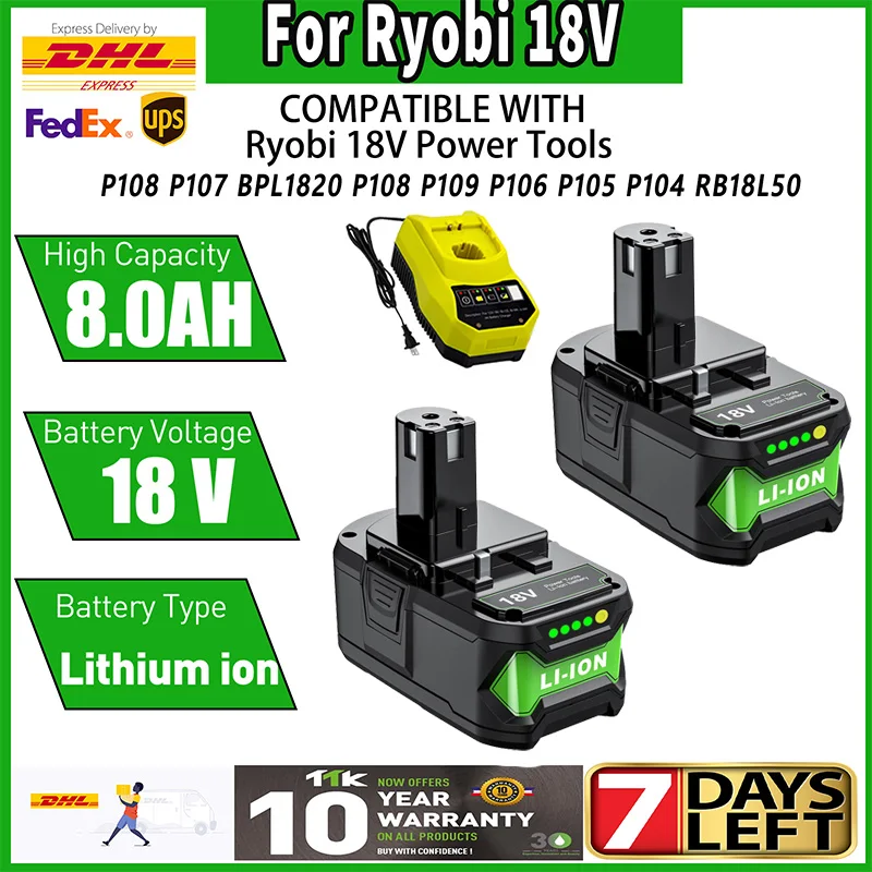 Bonadget 8000 mAh für Ryobi P108 18 V Akku Ersatz-Lithium-Akku für P108 P102 P103 P104 P105 P109 ONE+ Akku-Werkzeug