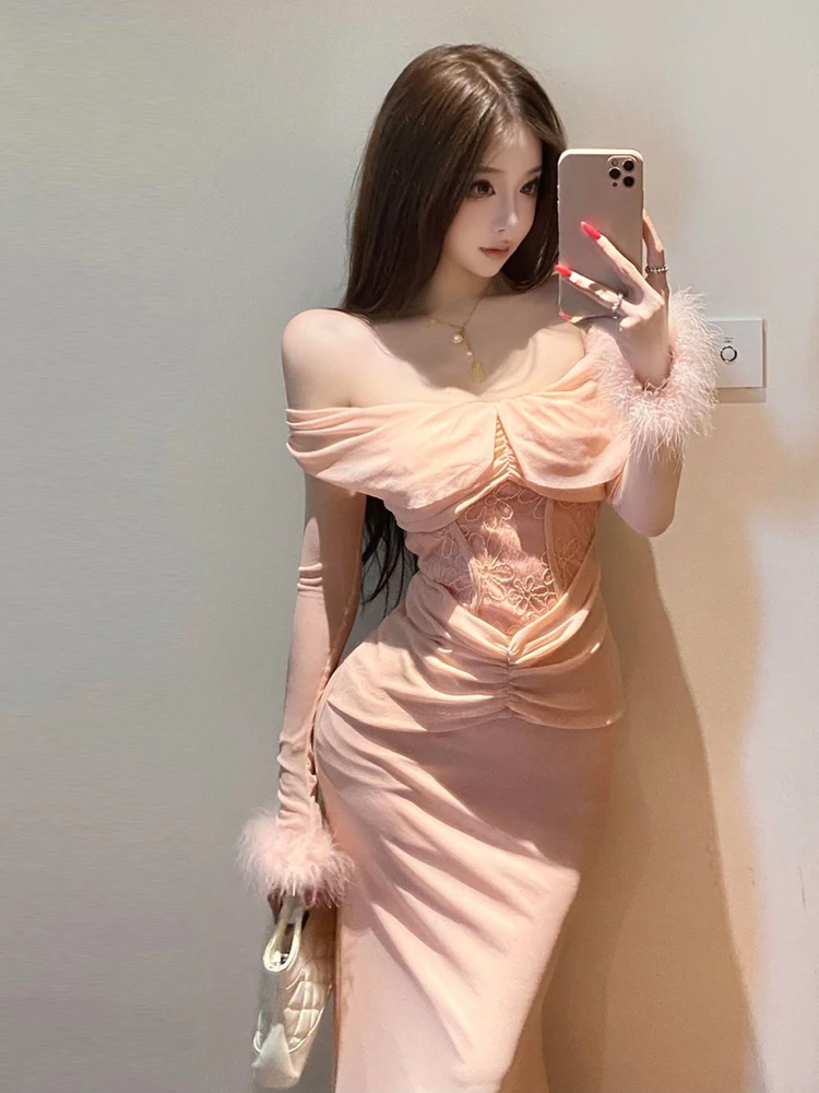 セクシーなY2Kスラッシュネックレースピンクボディコンドレス、黒のウエストシェイプ、ふわふわ袖のペンシルマーメイドヘムドレス、パーティー、プロム、ベスティドス、ローブ