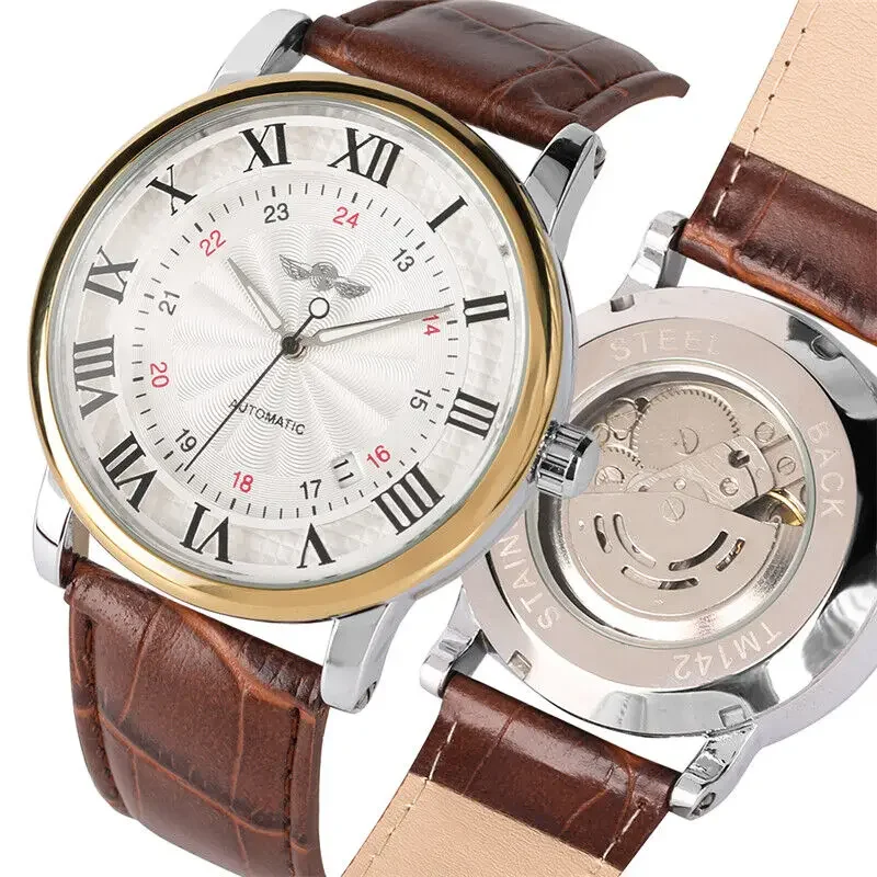 WINNER Brand Mens Self Winding Mechanical Watch Automatic Brown Leather Strap Wristwatch Nice Gift