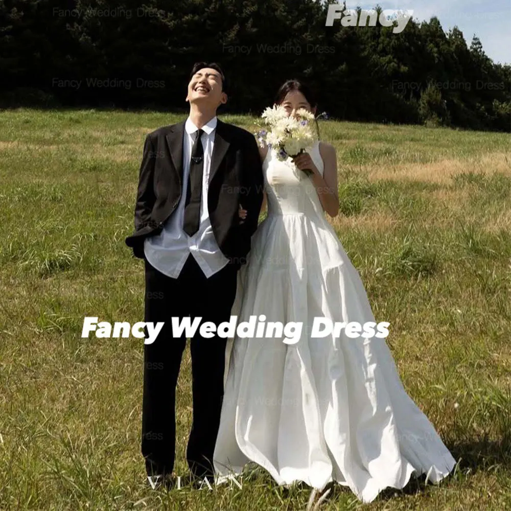 

Fancy Elegant O Neck Wedding Dress Korea Garden Photoshoot A Line Taffeta Evening Dresses Sleeveless 웨딩드레스 Customized