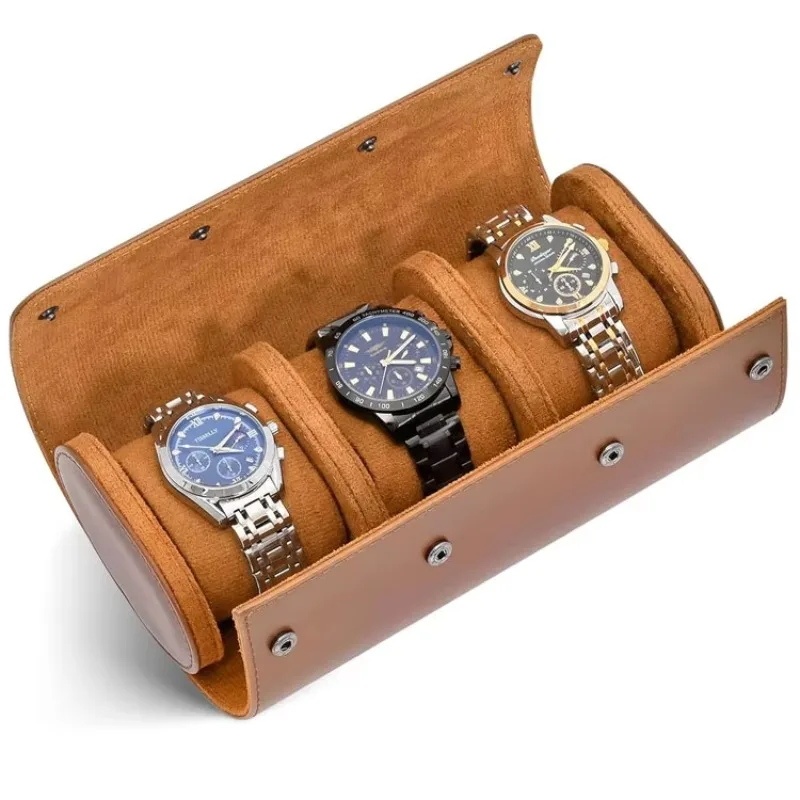 PU leather watch roller case storage case, men's fashion storage travel box, with detachable pillow, 3 rolls