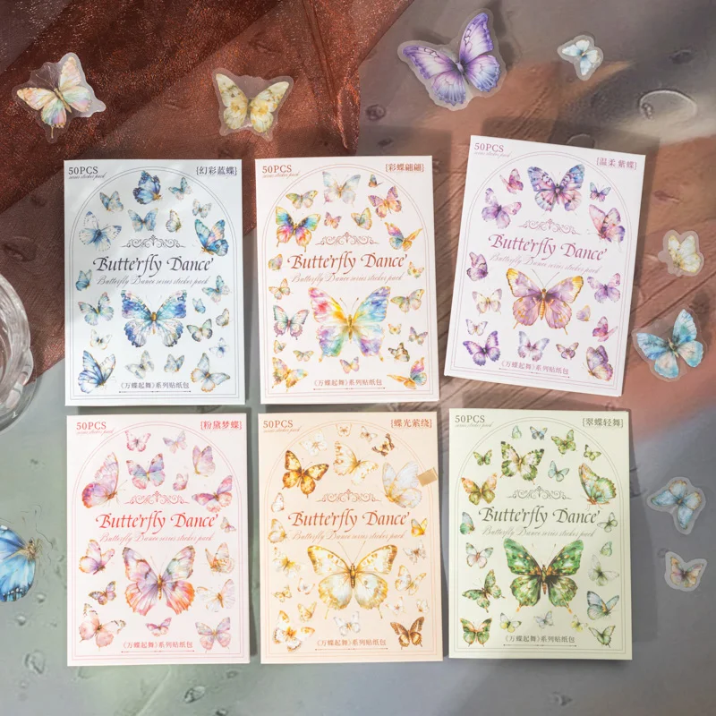 Journal GO 50pcs Multi-size Aesthetics Butterfly Stickers Scrapbooking Materials Collage Junk Journal Card Craft Making Sticker