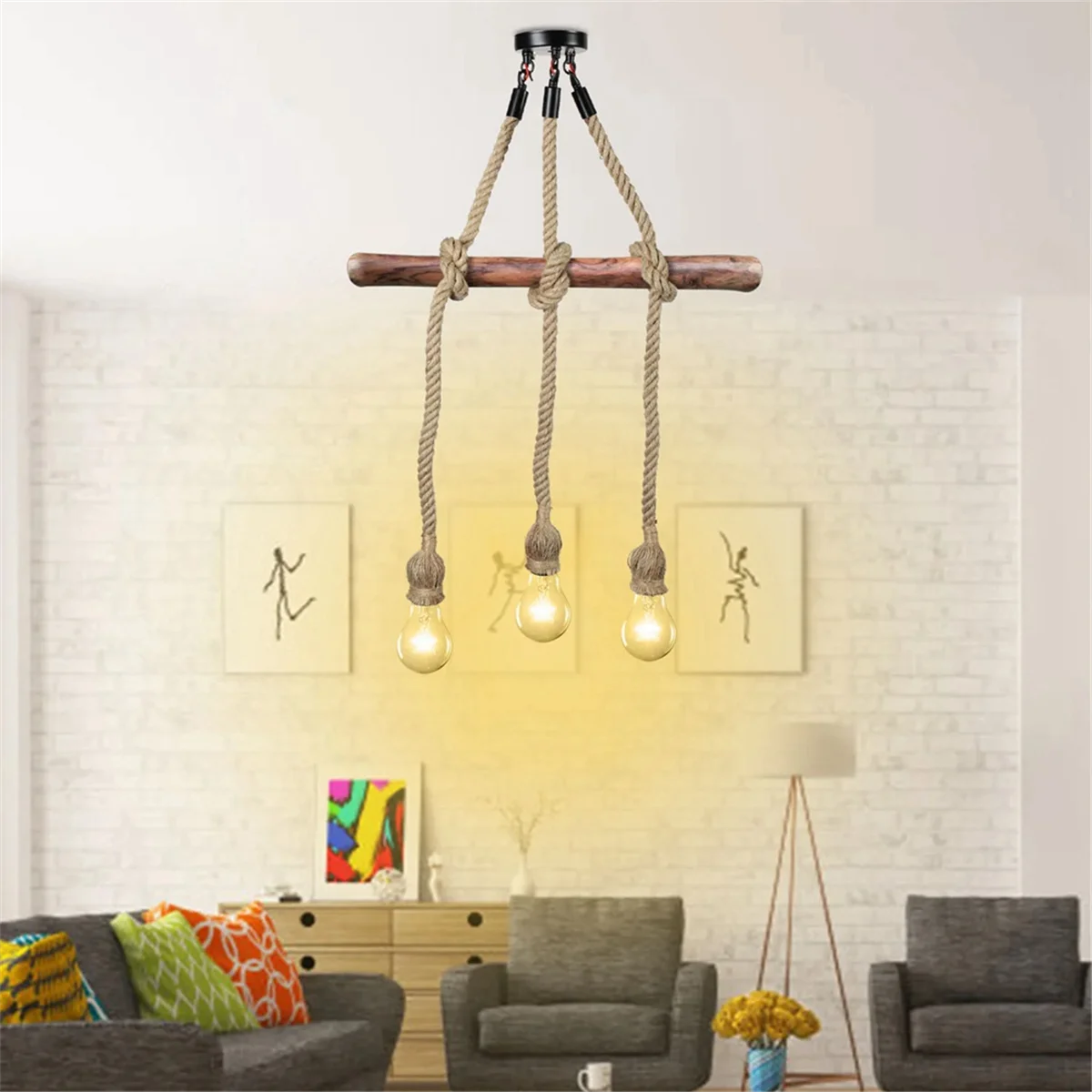 1M Industrial Chandelier, 3-Head LED Retro Rope Ceiling Lamp