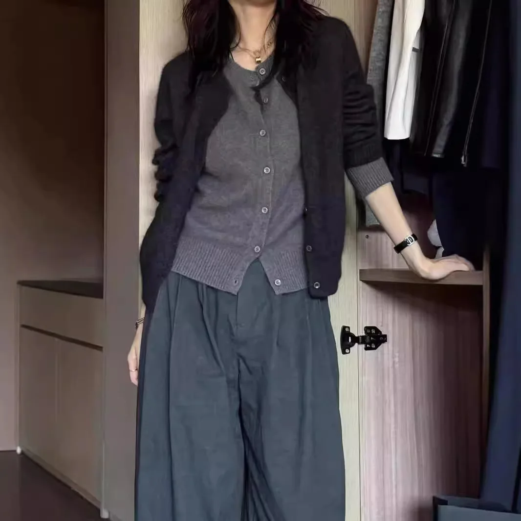 

100% wool cardigan female autumn and winter grey fake two knitwear high-grade sense old money style sweater coat