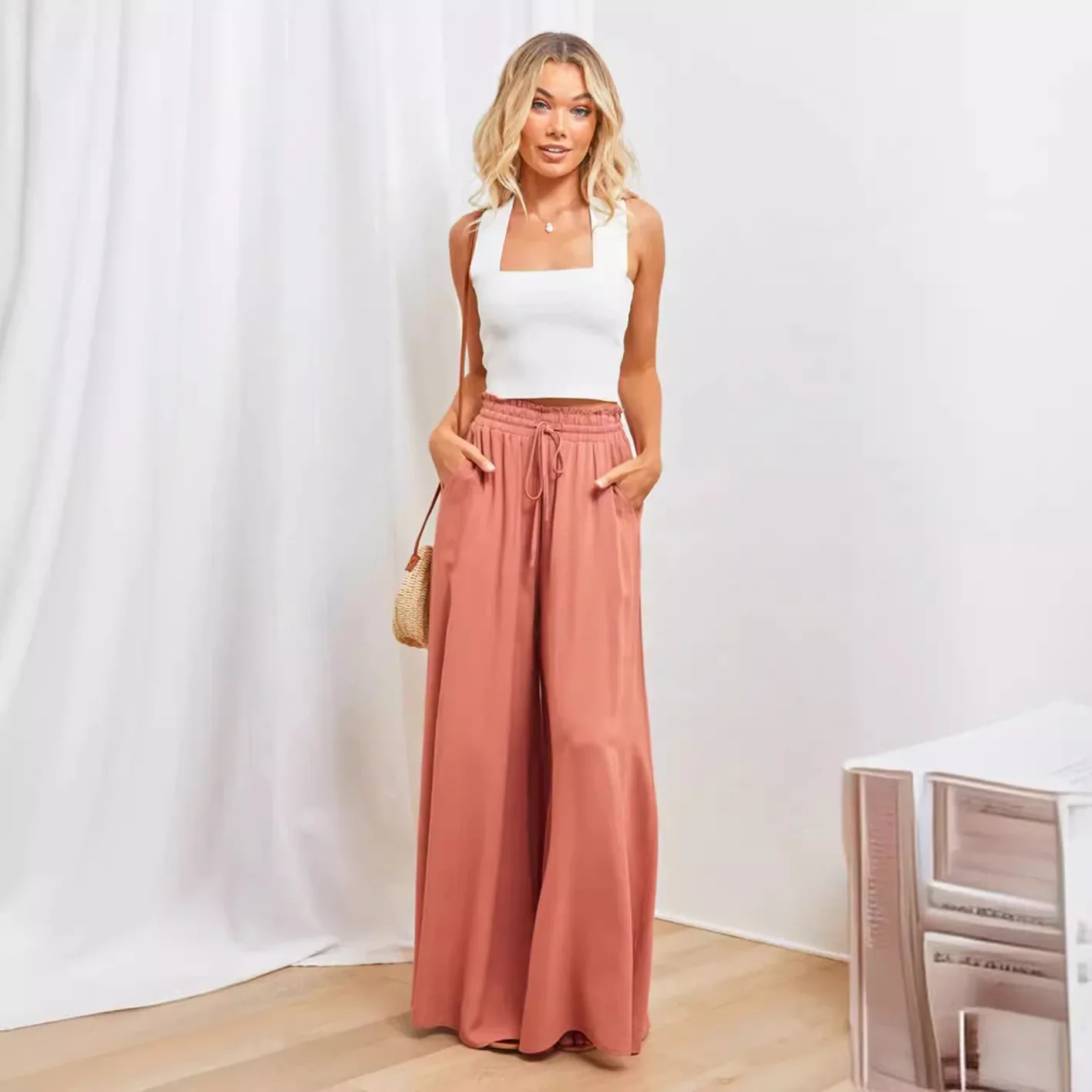 Spring and  New Women's Clothing Wide-leg Trousers Elastic Belt Wide-leg High-waisted Long Skirt