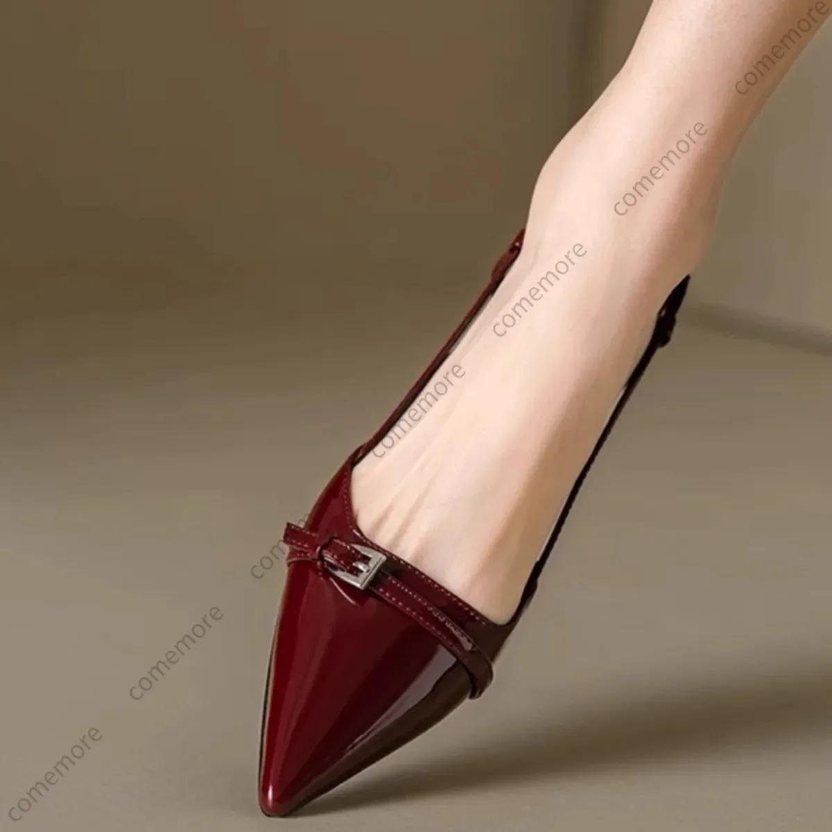 New Summer French Wine Red Pointed Patent Leather Mid-heel Overhead Sandals Shoes for Women Retro Skinny Heel Back Empty Shoes