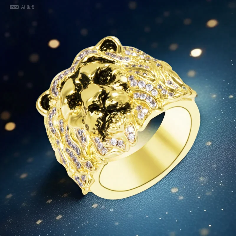 VANAXIN Lion Head Rings for Men Iced Out Prong Setting Bling Punk Hip Hop Rock Street Party Jewelry Christmas