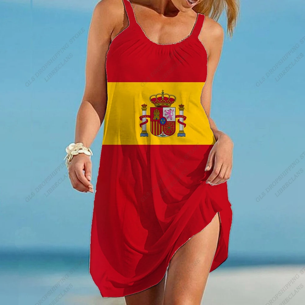 Spain Flag Dress Sleeveless Casual Summer Strap Beach Dress Bohemian Party Evening Dresses Midi Elegant Espain Sundress Girl Hem