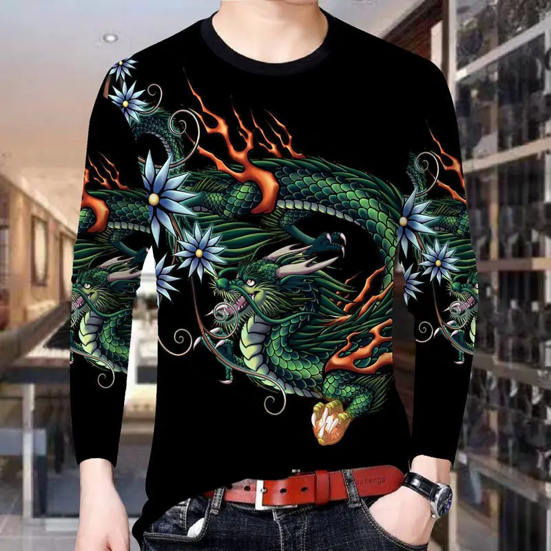 Men Round Neck Long Sleeve T-Shirt 3D Print Koi Dragon Lion Tiger Skull Lady Floral Oriental Vintage Graphic Casual Tops