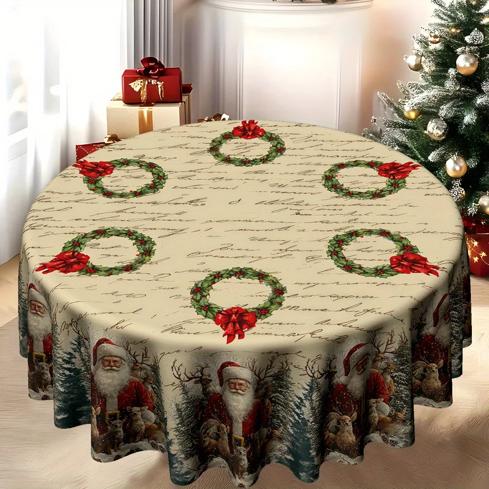 2D print, single-piece Christmas retro Santa reindeer print round tablecloth